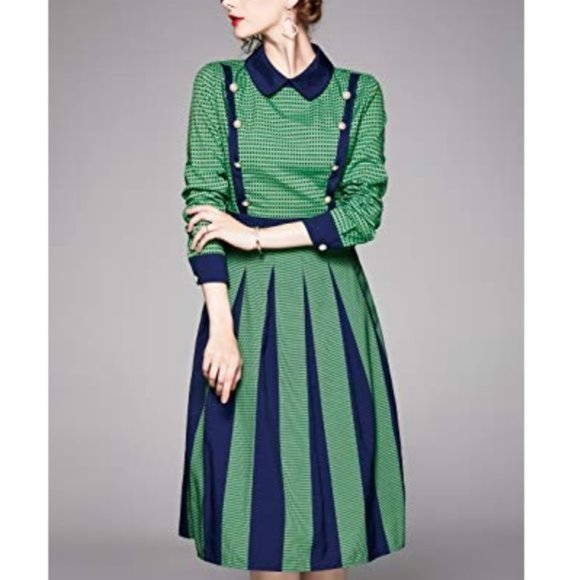 LAI MENG Dresses & Skirts - LAI MENG Five Cats Green Blue Check A Line Collard Midi Dress